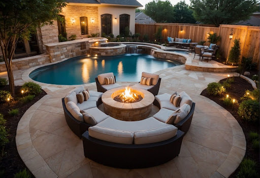 Luxurious outdoor pool setup with surrounding seating in Plano, designed for relaxation and entertainment.